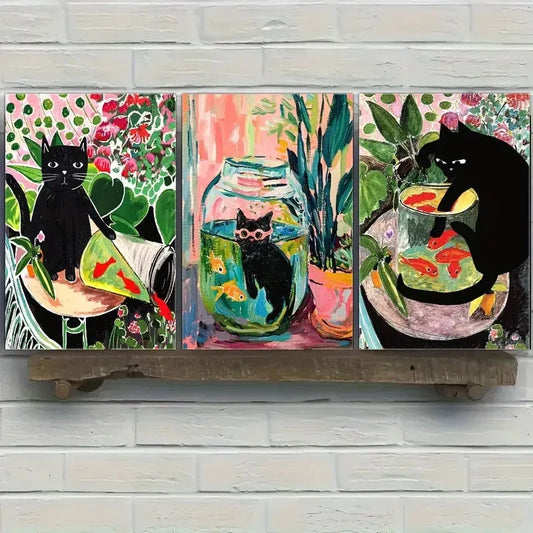3pcs Cute Black Cat Goldfish and Floral Metal Print Ready to Hang Art