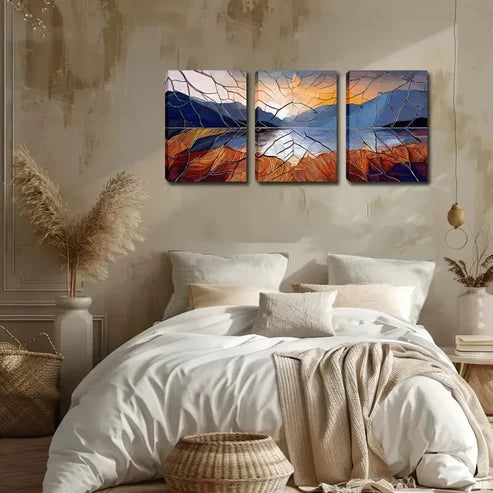 3pcs Cracked Sunrise Over a Mountain Lake Wall Art Set Wall Art Canvas Unframed - High Quality Print 100% Australian Made Wall Canvas