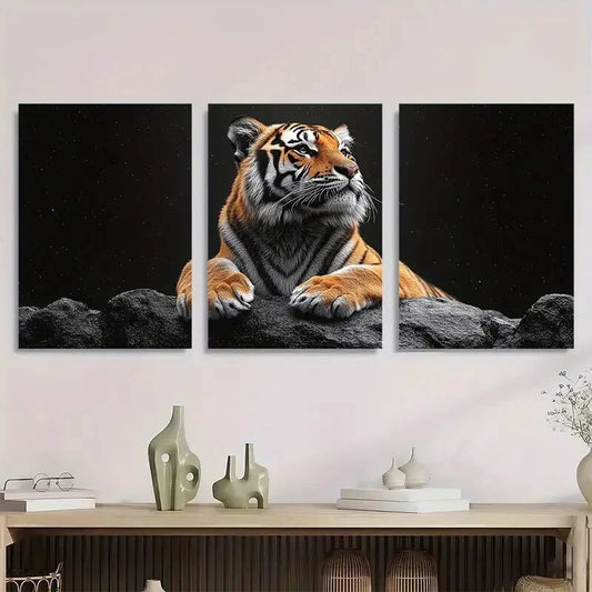 3pcs Black & White Tiger on Rocks Starry Night Metal Print Ready to Hang Art