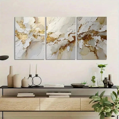 3pcs White & Golden Textured Flowing Abstract Metal Print Ready to Hang Art