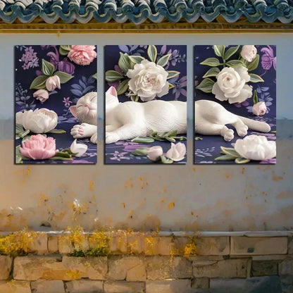 3pcs Vibrant Cat with Florals Design Metal Print Ready to Hang Art