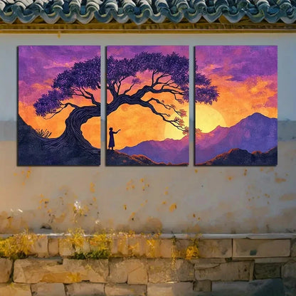 3pcs Sunset Tree Landscape, Purple Sky Design Metal Print Ready to Hang Art