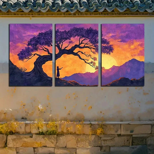 3pcs Sunset Tree Landscape, Purple Sky Design Metal Print Ready to Hang Art