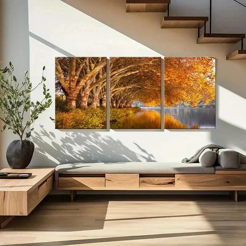 3pcs Featuring a Golden Tree by The Lakeside Wall Art Set Canvas Framed 40x60cm - High Quality Print 100% Australian Made Wall Canvas Ready to Hang