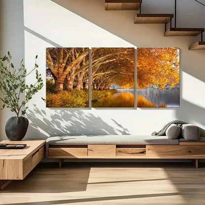 3pcs Featuring a Golden Tree by The Lakeside Wall Art Set Canvas Framed 40x60cm - High Quality Print 100% Australian Made Wall Canvas Ready to Hang