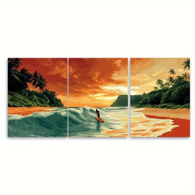 3pcs Vibrant Sunset & Palm Tree Scenery Metal Print Ready to Hang Art