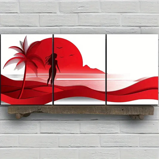 3pcs Red Coconut Trees And Women on The Beach Metal Print Ready to Hang Art