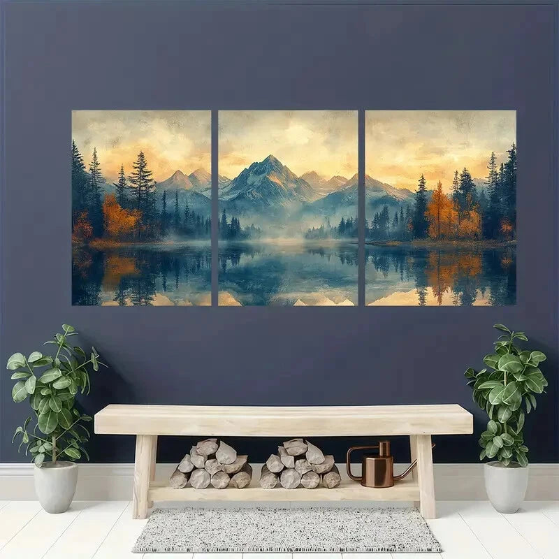 3pcs Abstract Mountain Forest Lake Perfect Wall Art Set Canvas Framed 40x60cm - High Quality Print 100% Australian Made Wall Canvas Ready to Hang