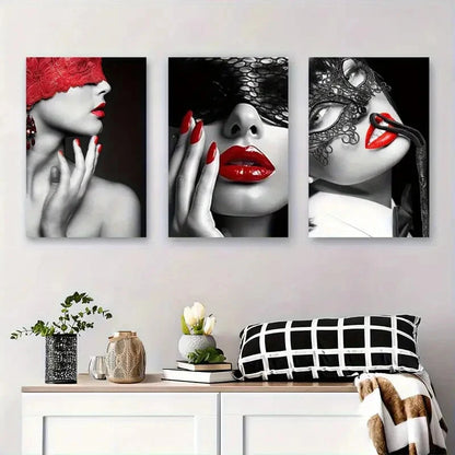 3pcs Red Lips with Lace Mask Abstract Perfect Wall Art Set Canvas Framed 40x60cm - High Quality Print 100% Australian Made Wall Canvas Ready to Hang