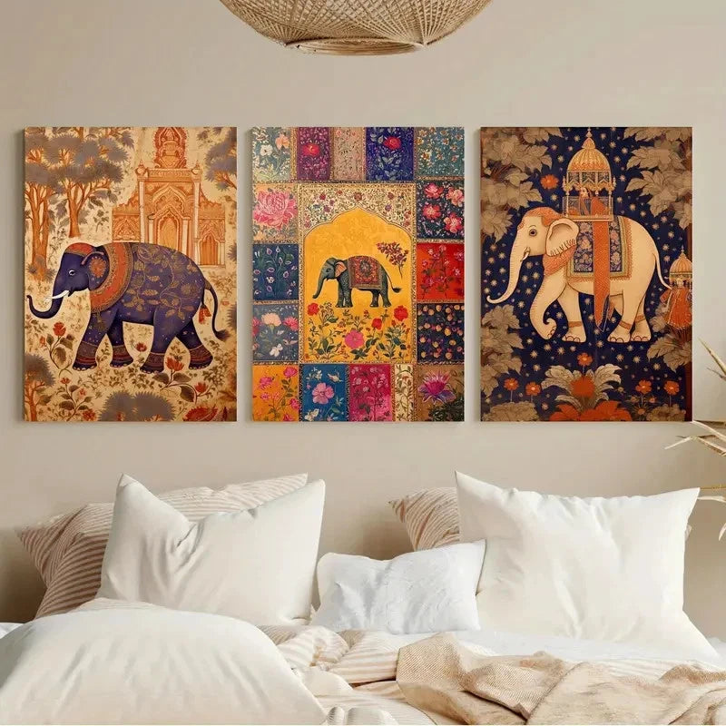 3pcs Indian Elephant Set of 3 Prints Metal Print Ready to Hang Art