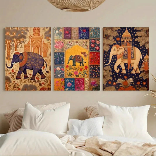 3pcs Indian Elephant Set of 3 Prints Metal Print Ready to Hang Art