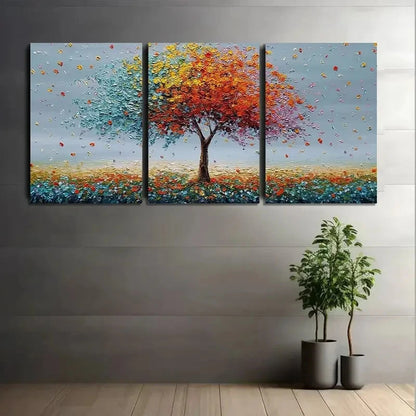 3pcs Tree with Colorful Leaves in Artistic Style Metal Print Ready to Hang Art