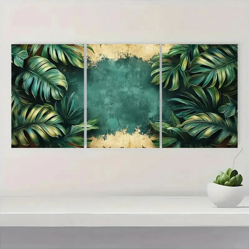 3pcs Tropical Jungle Palm Leaf Grunge Style Metal Print Ready to Hang Art