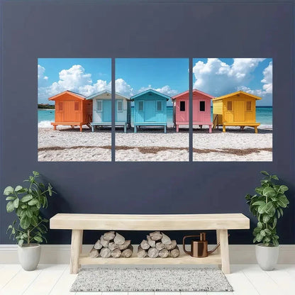 3pcs Summer Seaside Art Coastal Beach Huts Metal Print Ready to Hang Art