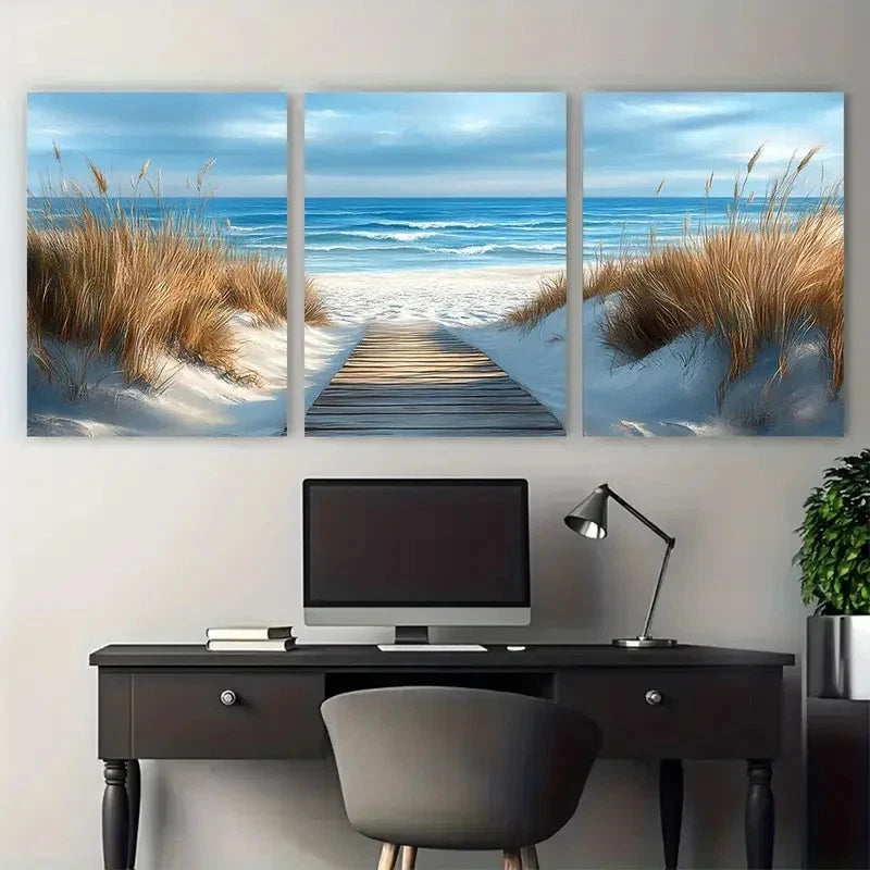 3pcs Wooden Walkway White Sandy Beach Seascape Metal Print Ready to Hang Art