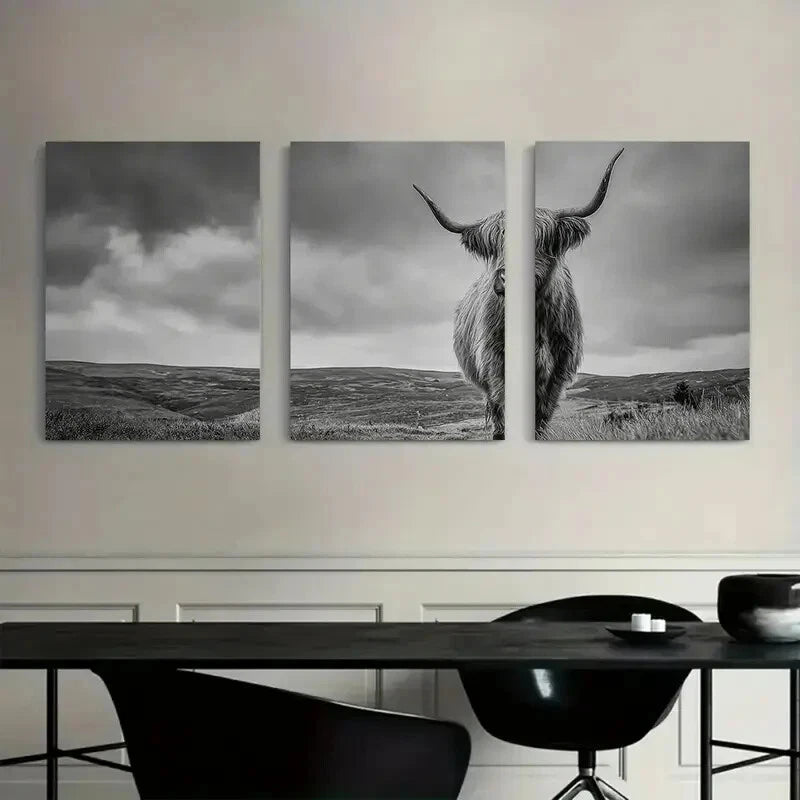 3pcs Black and White Highland Cow Standing Metal Print Ready to Hang Art