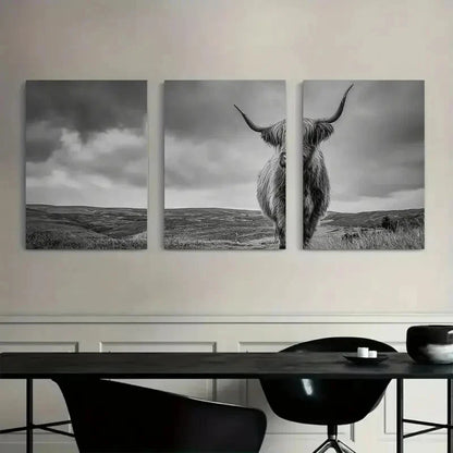 3pcs Black and White Highland Cow Standing Metal Print Ready to Hang Art