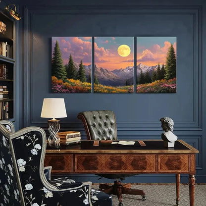 3pcs Mountain Landscape Pine Trees Wildflowers Metal Print Ready to Hang Art