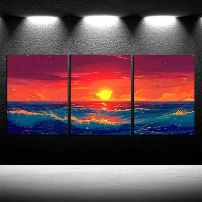 3pcs Ocean Sunset Scene Sea at Dusk Theme Metal Print Ready to Hang Art