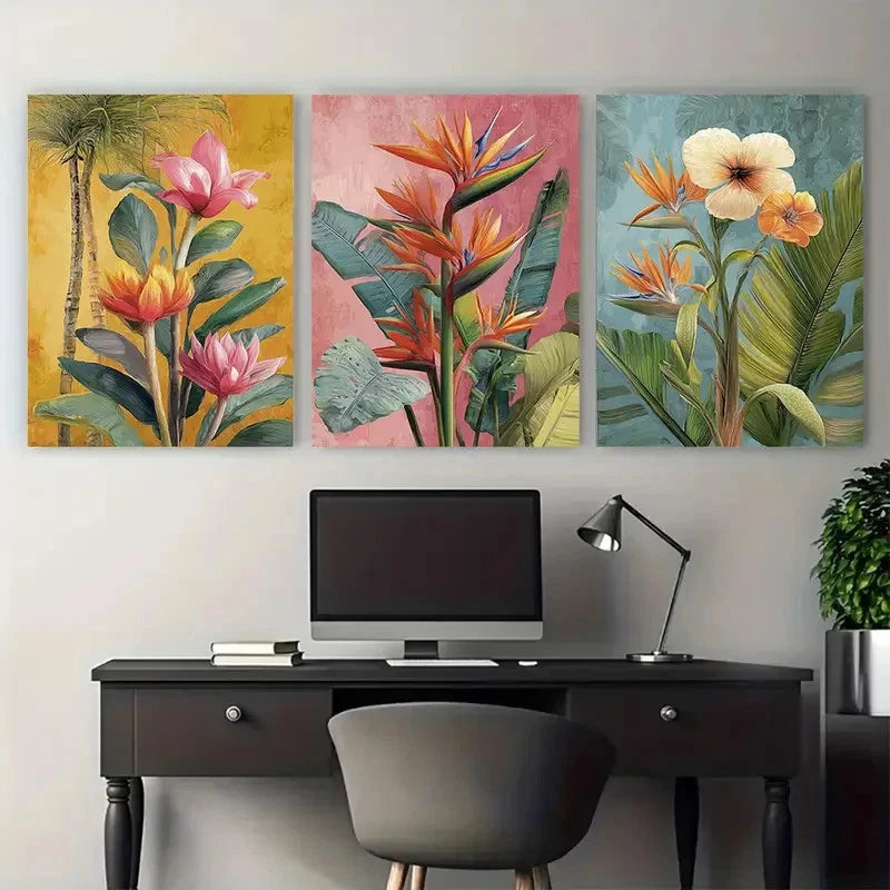 3pcs Belo Horizonte Travel Tropical Floral Wall Art Set Canvas Framed 50x70cm - High Quality Print 100% Australian Made Wall Canvas Ready to Hang