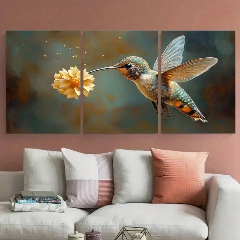 3pcs Hummingbird with Yellow Floral Scene Metal Print Ready to Hang Art