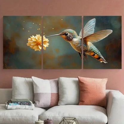 3pcs Hummingbird with Yellow Floral Scene Metal Print Ready to Hang Art