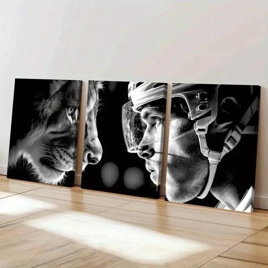 3pcs Black And White Lion & Hockey Player  Wall Art Set Canvas Framed 60x90cm - High Quality Print 100% Australian Made Wall Canvas Ready to Hang