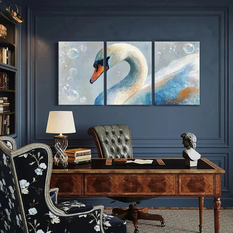 3pcs Elegant Swan Art Abstract Bubbles Design Metal Print Ready to Hang Art