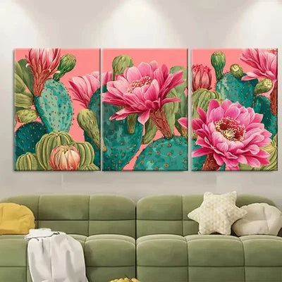 3pcs Boho Cactus Pink Flower Desert Scene Wall Art Set Canvas Framed 60x90cm - High Quality Print 100% Australian Made Wall Canvas Ready to Hang