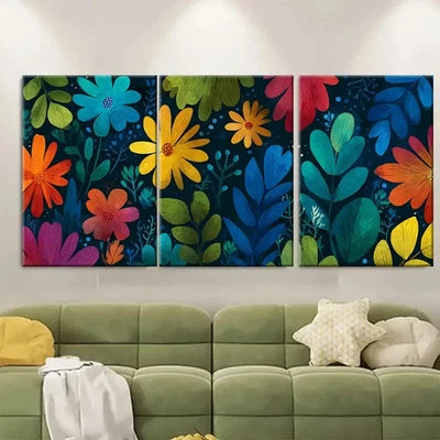 3pcs Vibrant Floral Retro Poster Design Wall Art Set Canvas Framed 60x90cm - High Quality Print 100% Australian Made Wall Canvas Ready to Hang