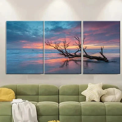 3pcs Tree Branch Beach Sunset Scene Wall Art Set Canvas Framed 60x90cm - High Quality Print 100% Australian Made Wall Canvas Ready to Hang
