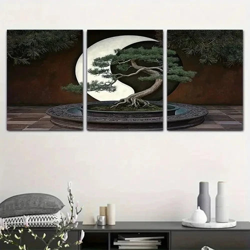 3pcs Three Pieces Of Tranquil Time With Moonlight Metal Print Ready to Hang Art