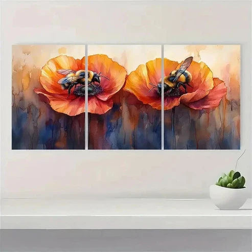 3pcs Bumblebee Painting Poppy  Wall Art Set Canvas Unframed - High Quality Print 100% Australian Made Wall Canvas