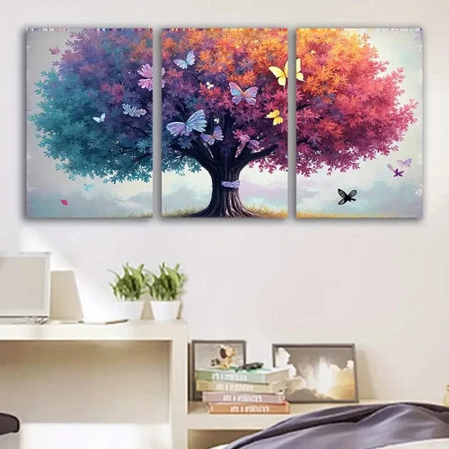 3pcs Vibrant Tree With Butterfly Wall Art Set Canvas Framed 60x90cm - High Quality Print 100% Australian Made Wall Canvas Ready to Hang