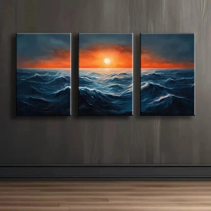 3pcs Abstract Ocean Waves And Sun Wall Art Set Canvas Framed 60x90cm - High Quality Print 100% Australian Made Wall Canvas Ready to Hang