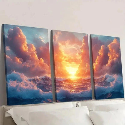 3pcs Blue Ocean Waves & Vibrant Sky S   Wall Art Set Canvas Framed 40x60cm - High Quality Print 100% Australian Made Wall Canvas Ready to Hang