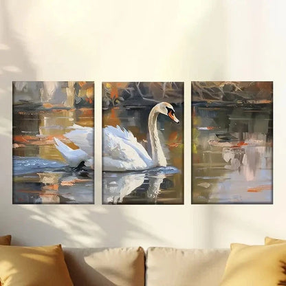 3pcs Vibrant White Swan in Autumnal Landscape Wall Art Set Canvas Framed 60x90cm - High Quality Print 100% Australian Made Wall Canvas Ready to Hang