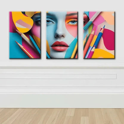 3pcs Abstract Female Face Artwork Wall Art Set Canvas Framed 60x90cm - High Quality Print 100% Australian Made Wall Canvas Ready to Hang