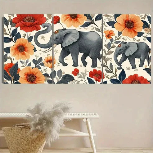 3pcs Elephants and Flowers Wall Art Set Canvas Unframed – High Quality Print 100% Australian Made Wall Canvas