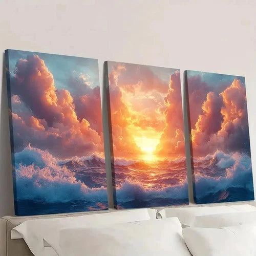 3pcs Blue Ocean Waves & Vibrant Sky S  Wall Art Set Canvas Framed 50x70cm - High Quality Print 100% Australian Made Wall Canvas Ready to Hang