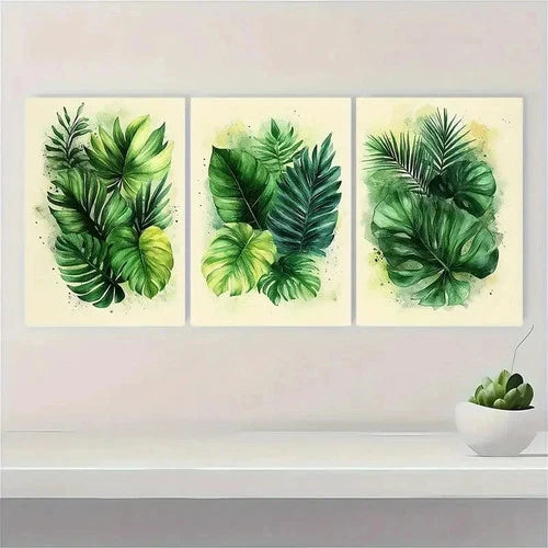 3pcs Green Tropical Leaves ET  Wall Art Set Canvas Framed 50x70cm - High Quality Print 100% Australian Made Wall Canvas Ready to Hang