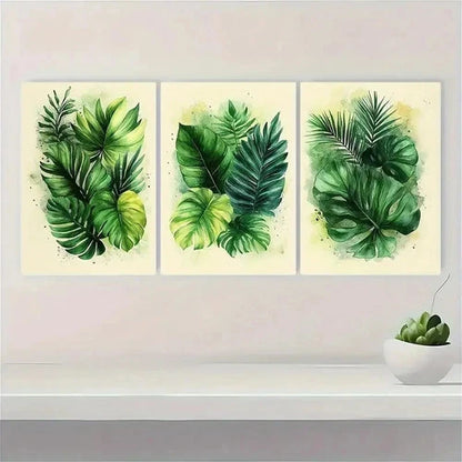 3pcs Green Tropical Leaves ET  Wall Art Set Canvas Framed 50x70cm - High Quality Print 100% Australian Made Wall Canvas Ready to Hang