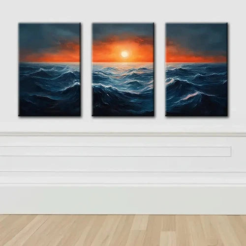 3pcs Abstract Ocean Waves And Sun Wall Art Set Canvas Framed 50x70cm - High Quality Print 100% Australian Made Wall Canvas Ready to Hang