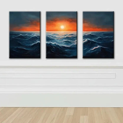3pcs Abstract Ocean Waves And Sun Wall Art Set Canvas Framed 50x70cm - High Quality Print 100% Australian Made Wall Canvas Ready to Hang