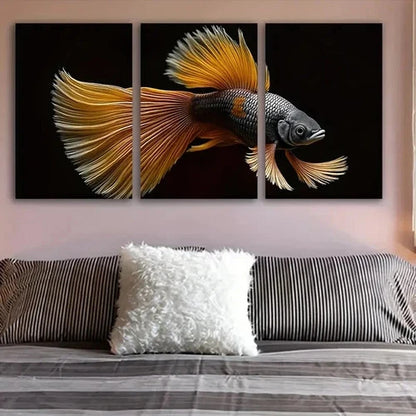 3pcs Golden Siamese Fighting Fish Wall Art Set Canvas Framed 50x70cm - High Quality Print 100% Australian Made Wall Canvas Ready to Hang