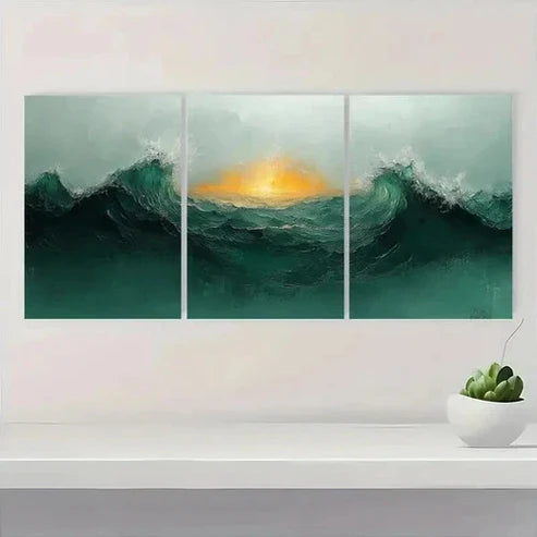 3pcs Green Minimalist Waves & Sunset  Wall Art Set Canvas Unframed - High Quality Print 100% Australian Made Wall Canvas