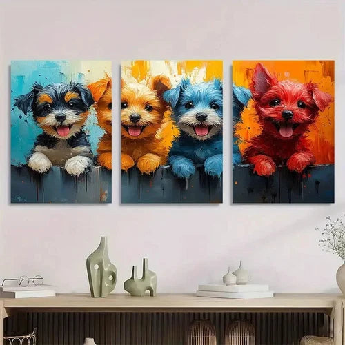 3pcs Colorful Playful Dog Painting Metal Print Ready to Hang Art