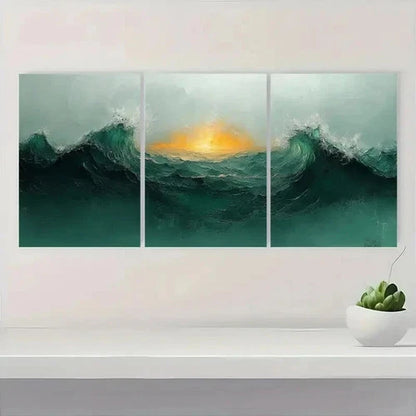 3pcs Green Minimalist Waves & Sunset E y  Wall Art Set Canvas Framed 50x70cm - High Quality Print 100% Australian Made Wall Canvas Ready to Hang