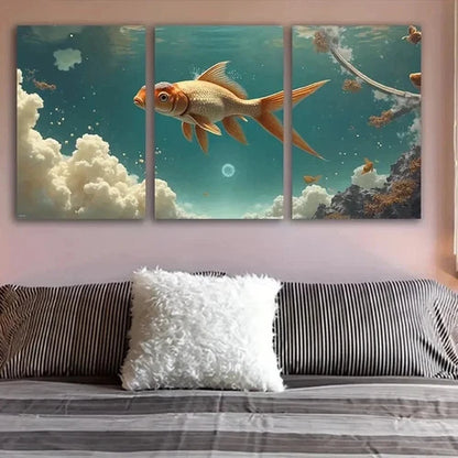 3pcs Goldfish Ocean Clouds Abstract Wall Art Set Canvas Framed 40x60cm - High Quality Print 100% Australian Made Wall Canvas Ready to Hang
