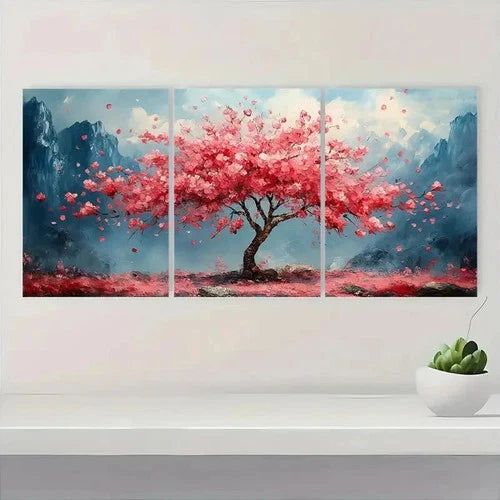 3pcs Pink Sakura Tree & Mountain Landscape K    Wall Art Set Canvas Framed 40x60cm - High Quality Print 100% Australian Made Wall Canvas Ready to Hang
